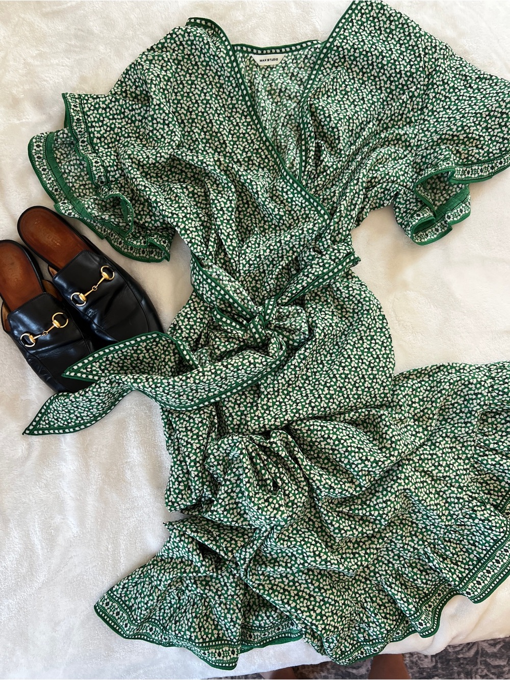 Green Floral Wrap Dress with Tie Waist